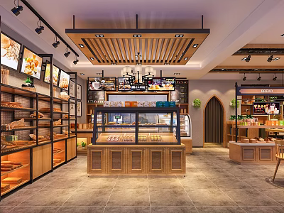 Modern Dessert Shop Interior With Wooden Ceiling Glass Display Cases And Fresh Pastries 3d model
