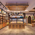 Modern Dessert Shop Interior With Wooden Ceiling Glass Display Cases And Fresh Pastries