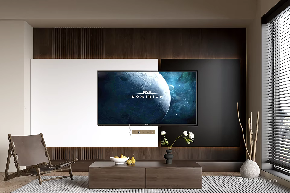 Wooden TV Stand In Modern Living Room Interior With Mounted TV And Decor 3d model 