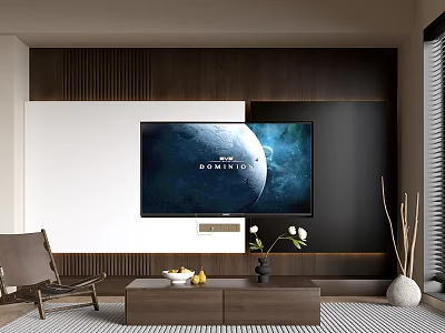 Wooden TV Stand In Modern Living Room Interior With Mounted TV And Decor 3d model