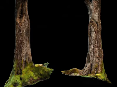 Natural Stone And Wood Tree Trunks Covered In Green Moss Against Black Background 3d model