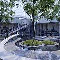 Modern Garden Landscape With Lush Trees Curved Pathway And Water Pond