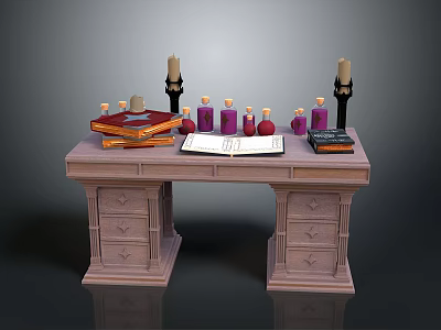 Wooden Writing Desk With Open Book Stacked Books Candles Small Bottles And Drawers 3d model