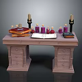 Wooden Writing Desk With Open Book Stacked Books Candles Small Bottles And Drawers