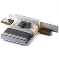 Modern Double Bed Design With Leather Headboard Plush Pillows And Wooden Nightstands