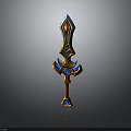 Ornate Fantasy Sword With Golden Accents Blue Gemstones And Red Hilt