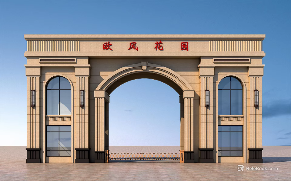 European Style Entrance Gate with Arched Design and Stone Material at Oufeng Garden 3d model 