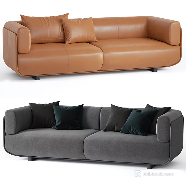 Brown Leather and Grey Fabric Two Seater Sofa with Decorative Pillows 3d model 