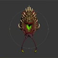 Fantasy Creature Head With Spikes Green Eyes Red Pink Body Tentacles And Yellow Details
