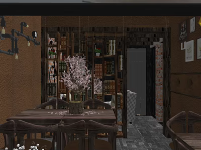 Warm Conference Room Interior With Wooden Table Bookshelves And Pink Flower Vase 3d model