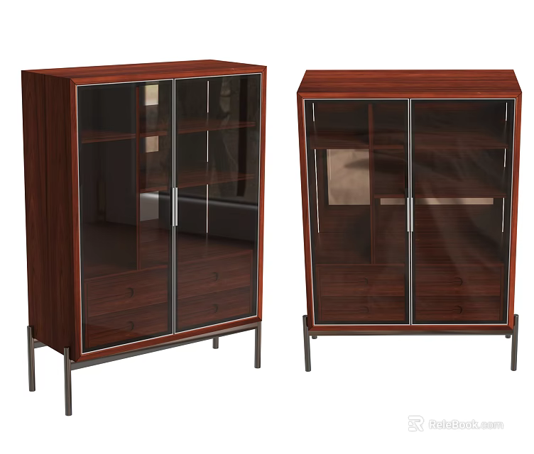 Modern Wooden Wine Cabinet With Glass Doors Drawers And Metal Legs 3d model 