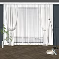 Elegant White Lightweight Curtains with Green Plant and Floor Lamp in Room with Dark Walls and Wooden Floor
