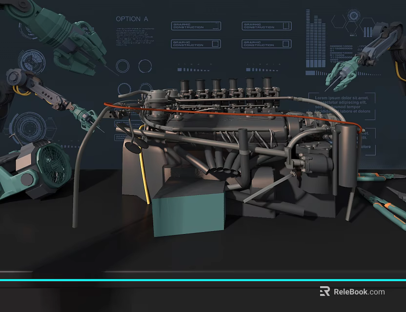 Industrial Engine Assembly With Robotic Arms And Technical Diagrams In Factory Setting 3d model 