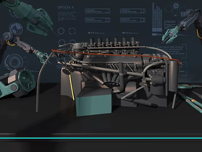 Industrial Engine Assembly With Robotic Arms And Technical Diagrams In Factory Setting 3d model