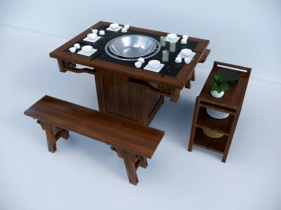 Wooden Dining Table Set With Metal Center Bench Side Table Tableware And Green Plant 3d model