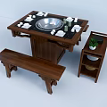 Wooden Dining Table Set With Metal Center Bench Side Table Tableware And Green Plant 3d model
