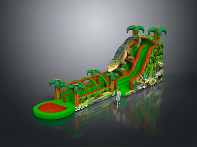 Inflatable Dinosaur Themed Slide with Green Red and Palm Tree Decorations for Kids Play Equipment 3d model