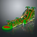 Inflatable Dinosaur Themed Slide with Green Red and Palm Tree Decorations for Kids Play Equipment