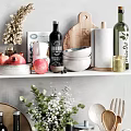 Organized Kitchen Shelves Display With Kitchenware Bottles Fruits Bowls And Flower Vase