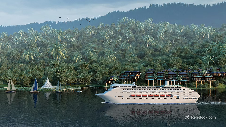 Scenic Waterfront Landscape With Cruise Ship Lush Greenery And Mountain Backdrop 3d model 