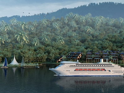 Lakeside Waterscape Cruise River View Waterfront View Early Morning Mountain Bird 3d model