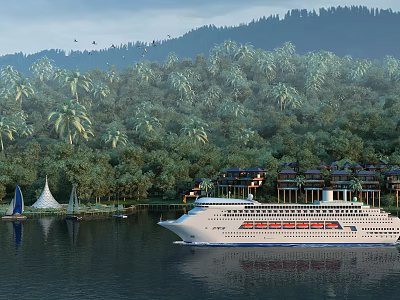 Scenic Waterfront Landscape With Cruise Ship Lush Greenery And Mountain Backdrop 3d model