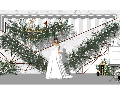 Elegant Wedding Photo Check in Spot With Greenery White Flowers And Marble Wall 3d model