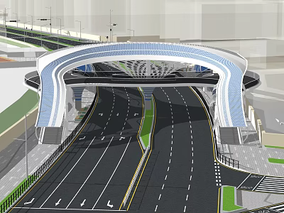 Modern Arch Bridge Design Over Roadway With Urban Green Belts And Pedestrian Paths 3d model