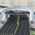 Modern Arch Bridge Design Over Roadway With Urban Green Belts And Pedestrian Paths
