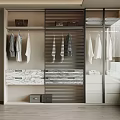 Modern Wardrobe Interior With Slatted Doors Hanging Clothes Open Shelves Drawers And Marble Countertop