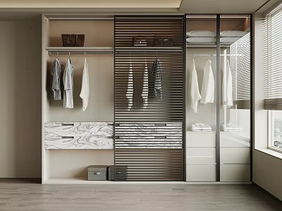 Modern Wardrobe Interior With Slatted Doors Hanging Clothes Open Shelves Drawers And Marble Countertop 3d model