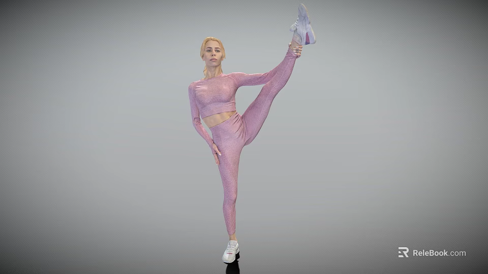 Woman In Pink Sportswear Doing High Leg Lift With White Sneakers 3d model 