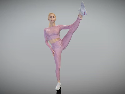 Woman In Pink Sportswear Doing High Leg Lift With White Sneakers 3d model