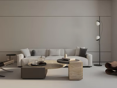 Modern Minimalist Living Room with Light Gray Sofa Pillows Wooden Coffee Table Black Floor Lamp 3d model