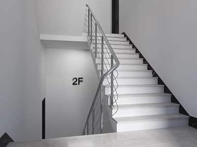 Modern Staircase Interior With Metal Railing White Steps Black Edges And 2F Sign 3d model