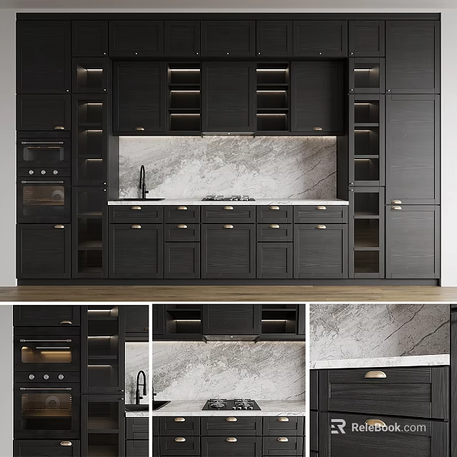 Modern Kitchen Interior With Dark Cabinets And Marble Countertop Open Layout 3d model 