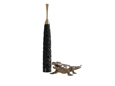 Decorative Ornament Combination With Tall Textured Black Sculpture And Crocodile Figurine Decoration 3d model