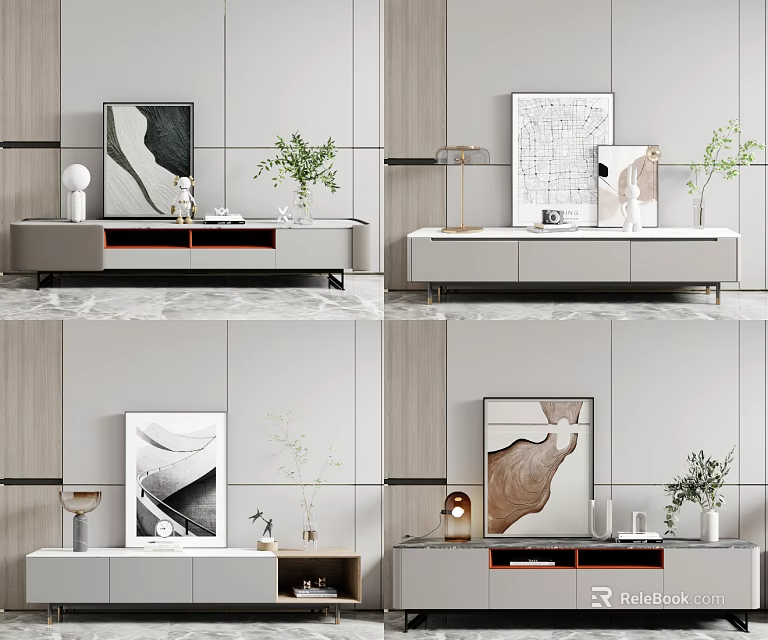 Modern TV Stand Interior With Decorative Plants Artwork And Storage Features 3d model