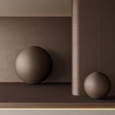 Polished Metallic Sphere Sculptures Displayed Against Brown Textured Wall Background 3d model