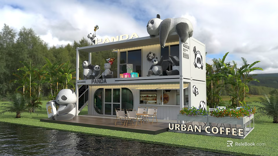 Panda Themed Container Coffee Shop Urban Exterior With Greenery And Waterfront 3d model 
