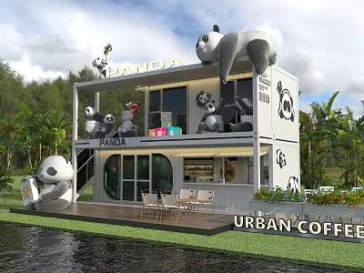 Panda Themed Container Coffee Shop Urban Exterior With Greenery And Waterfront 3d model