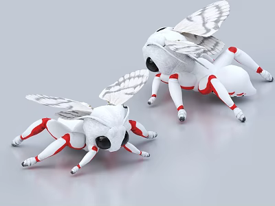 Two White Insect Like Robots With Red Stripes And Wings And Multiple Legs 3d model