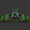 Green Agricultural Tractor With Plowing Equipment Large Yellow Wheels And Farming Tools