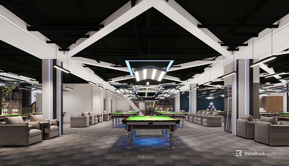Modern Billiard Room With Multiple Pool Tables Green Felt Tops Sofa Seating And Geometric Ceiling Design 3d model 