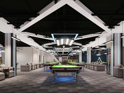 Modern Billiard Room With Multiple Pool Tables Green Felt Tops Sofa Seating And Geometric Ceiling Design 3d model