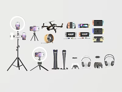 Essential Electronic Accessories And Photography Gear Including Ring Light Tripod Drone Headphones And Game Controller 3d model