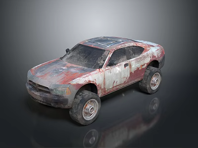 Rusted Vintage Car With Worn Exterior Off Road Tires And Red White Weathered Body 3d model