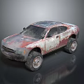 Rusted Vintage Car With Worn Exterior Off Road Tires And Red White Weathered Body