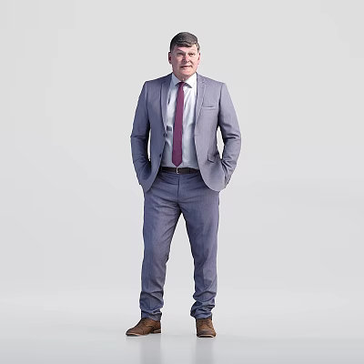 Group of Men In Gray Suits Standing Against Light Gray Background 3d model