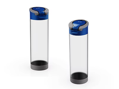 Two Transparent Reusable Water Bottles With Blue Lids And Black Bases 3d model
